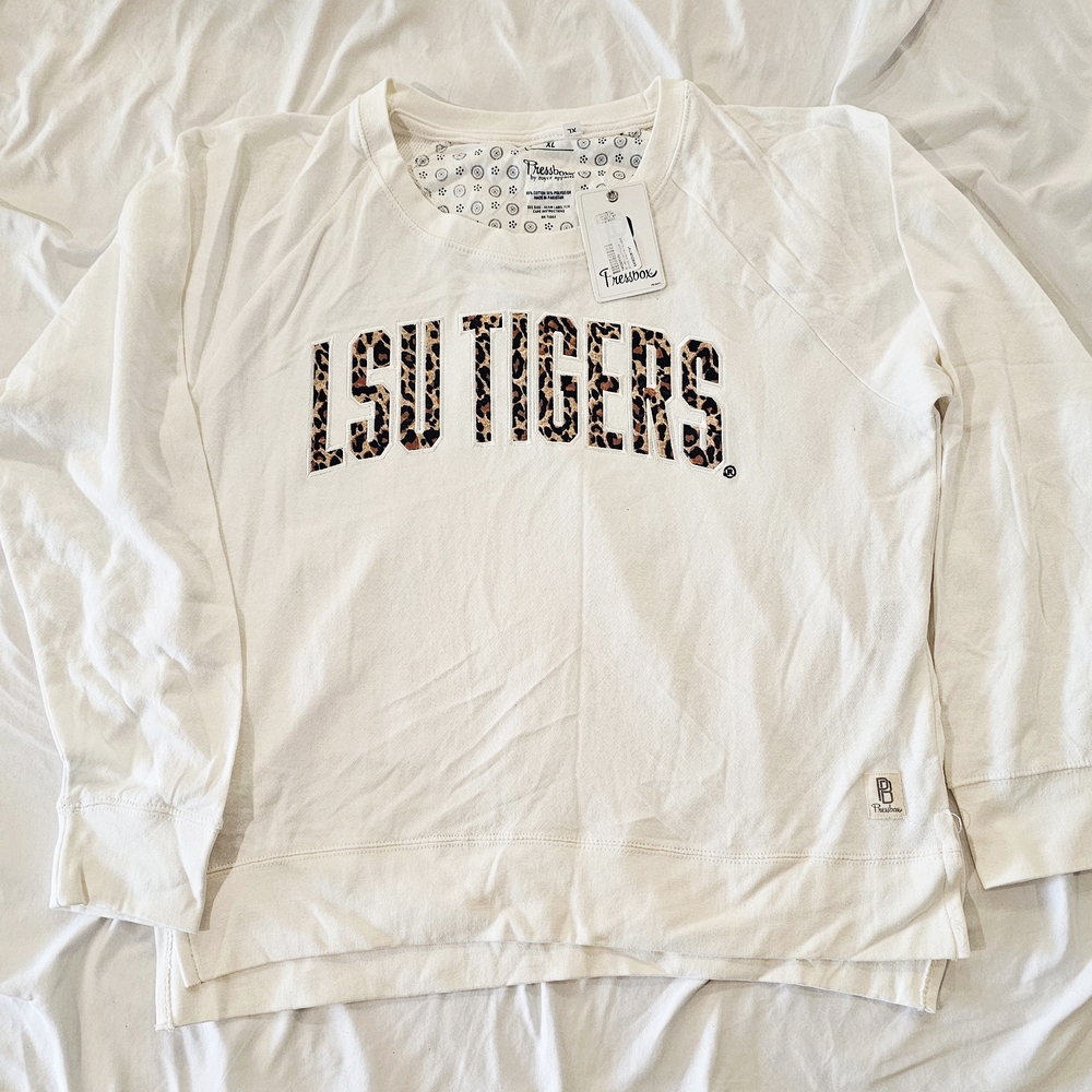 Pressbox White LSU Tigers Leopard Print Sweatshirt